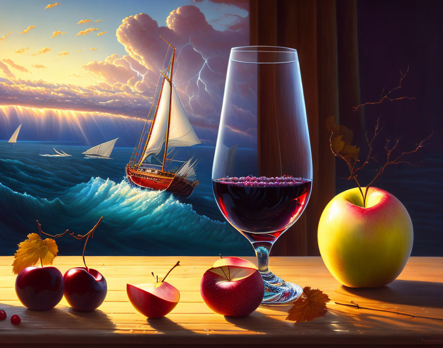 Still life with wine, fruit, and leaf on table against ocean sunset with ships