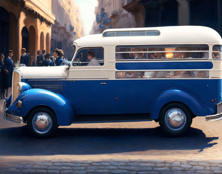 Vintage Blue Bus on Cobblestone Street with People in Period Clothing