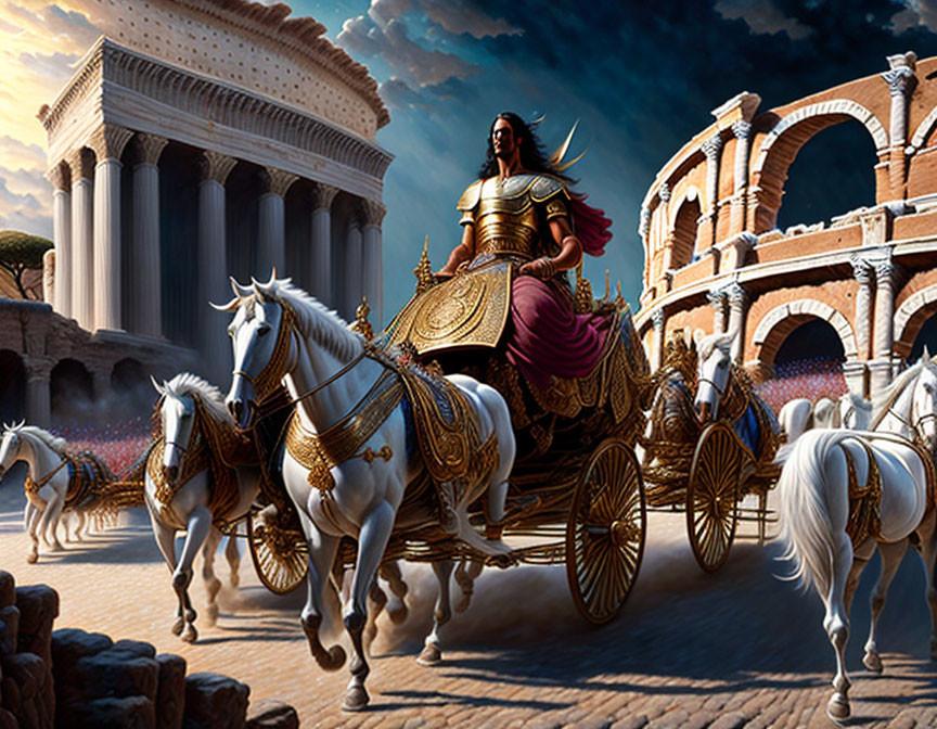 Warrior woman in golden armor chariot with four white horses near Roman architecture under dramatic sky