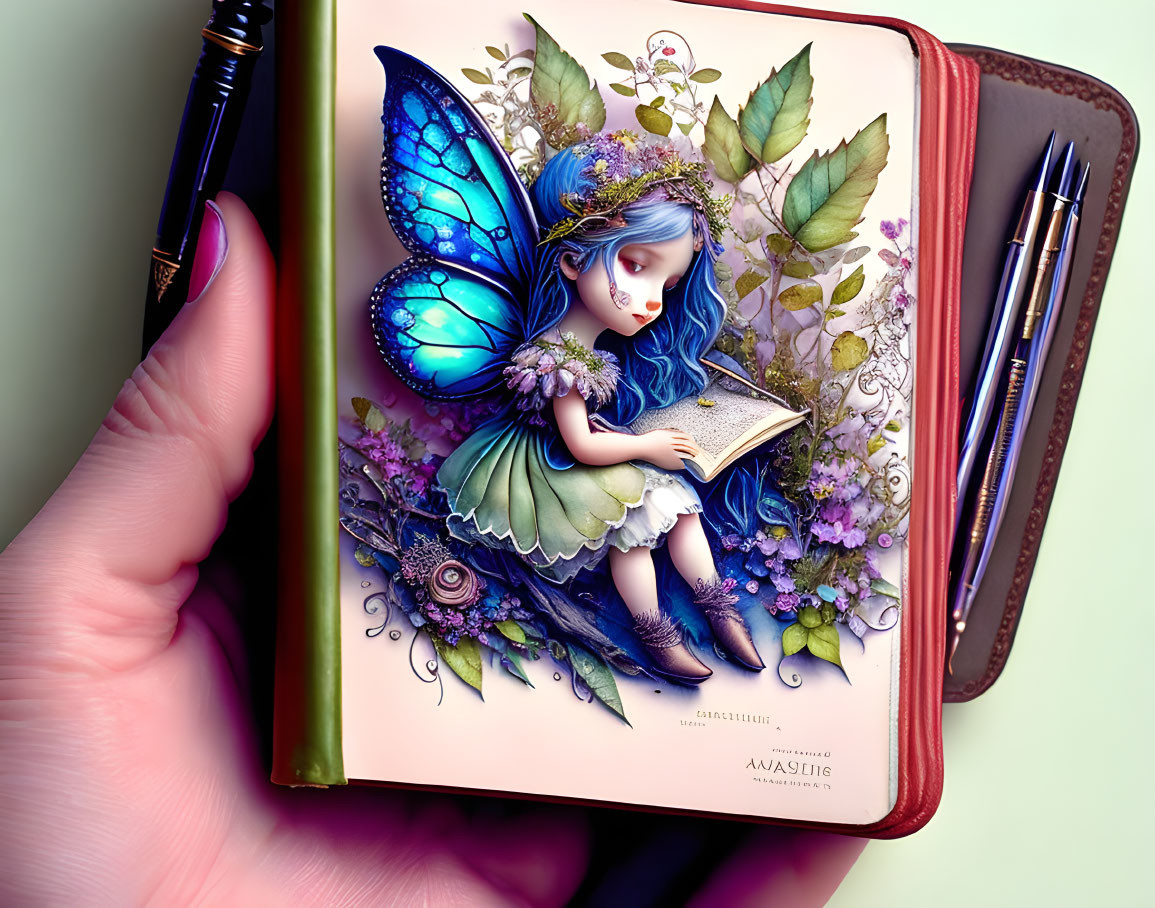 Illustrated fairy with blue wings reading a book on notebook cover.