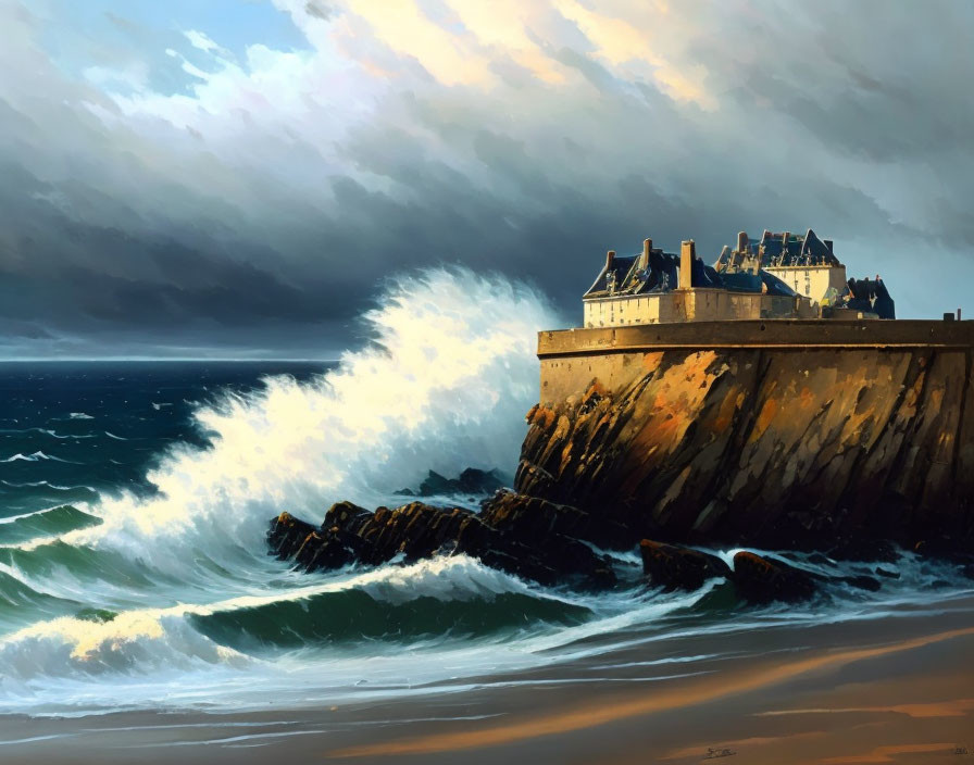 Seaside castle on rocky cliff with crashing waves