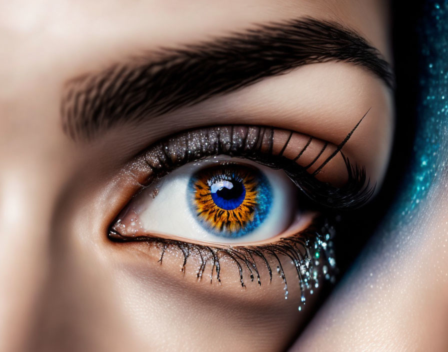 Detailed makeup on person's eye with long eyelashes and blue iris.