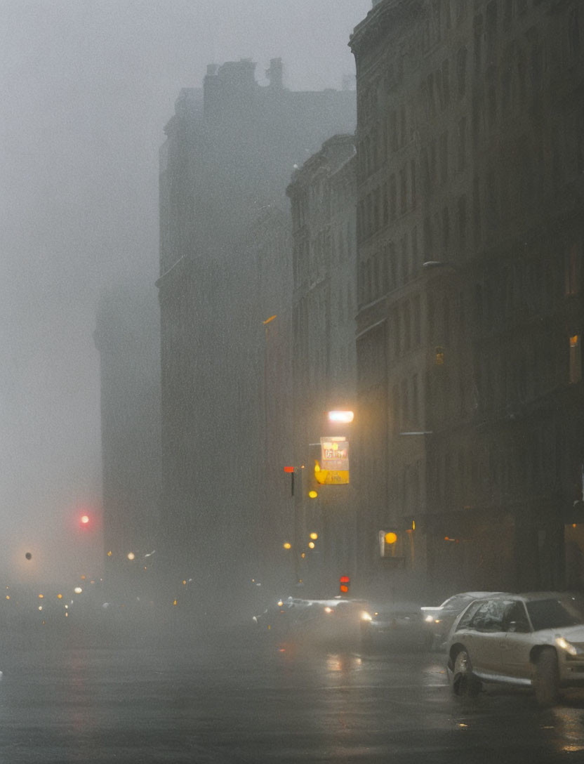 Blurred traffic lights and cars in misty city scene