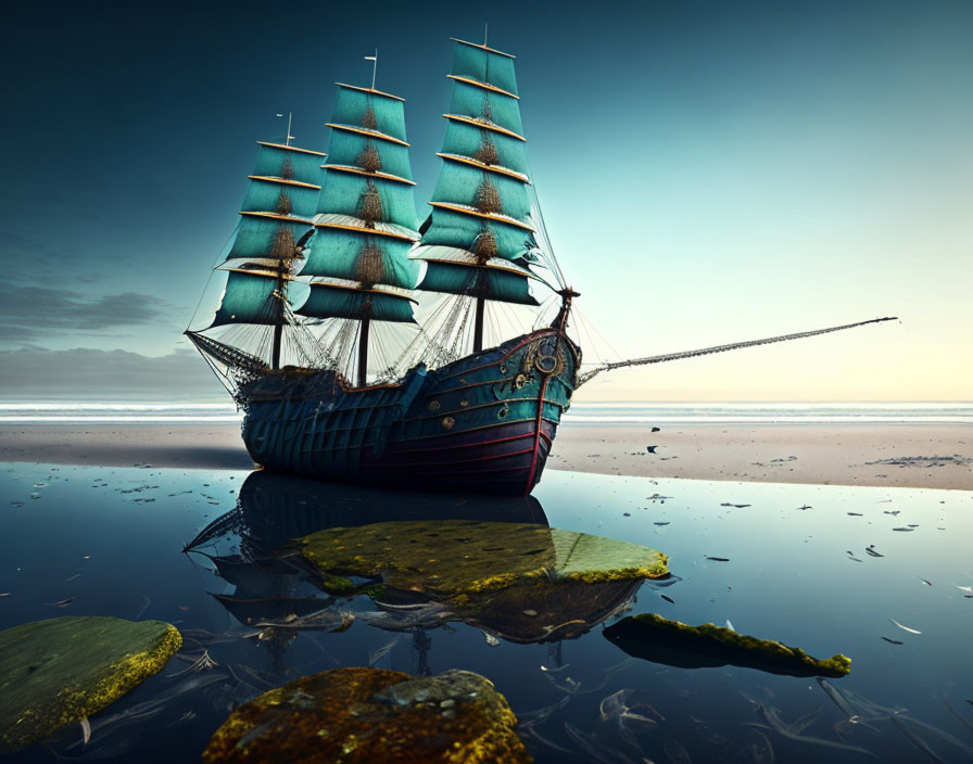 Tall ship with multiple sails anchored near shore at twilight