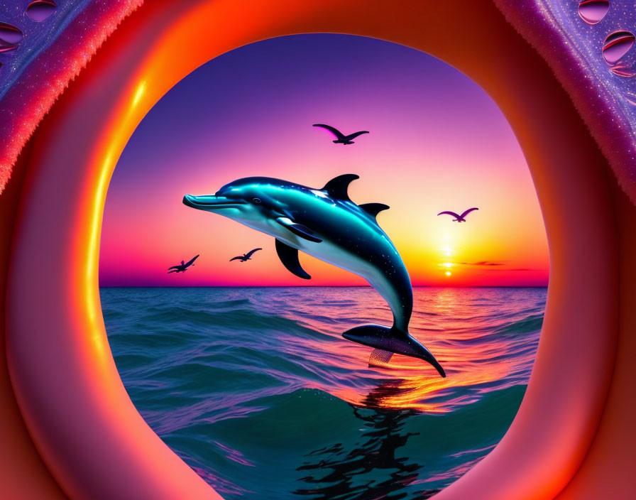 Dolphin leaping at sunset with ornate border and birds