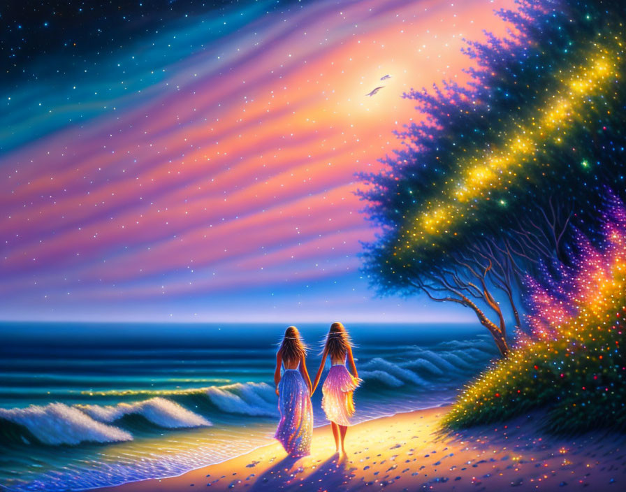 Night sky scene with two people by the sea and colorful tree.