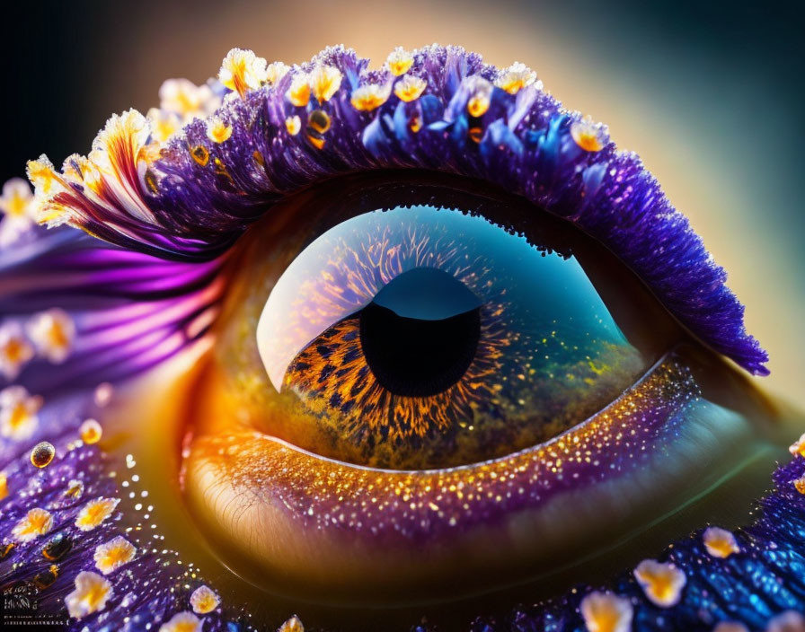 Close-up of human eye with brightly colored iris and purple makeup.