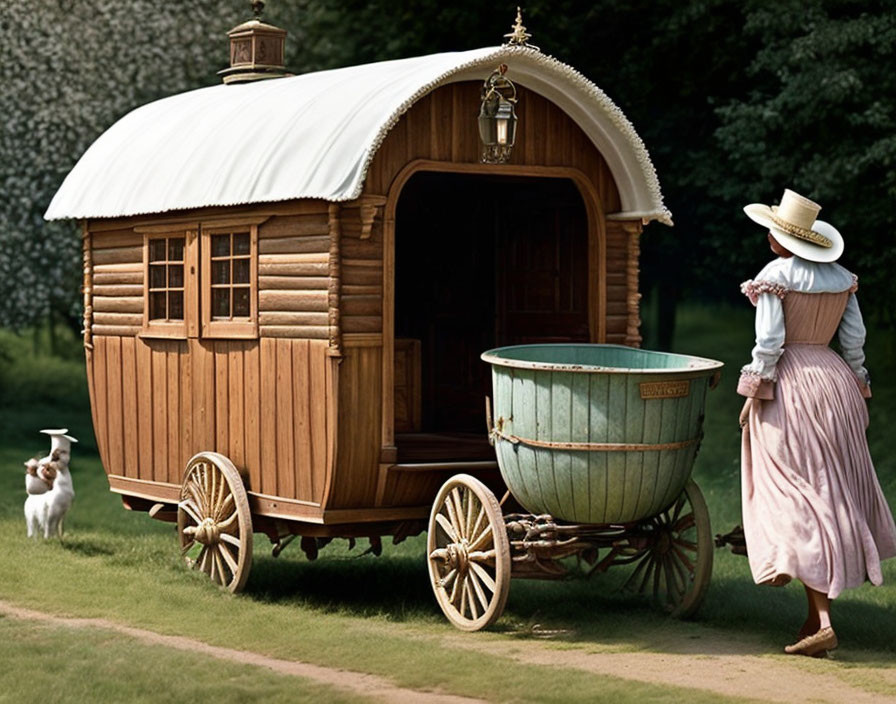 Vintage-clad woman with dog by wooden caravan in green landscape