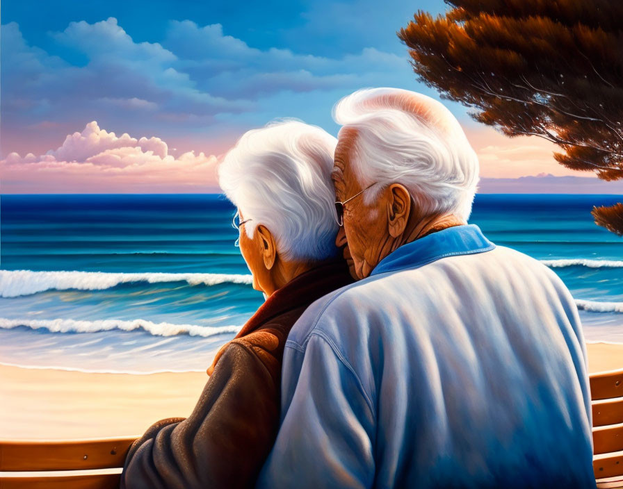 Elderly couple on bench overlooking serene beach at sunset