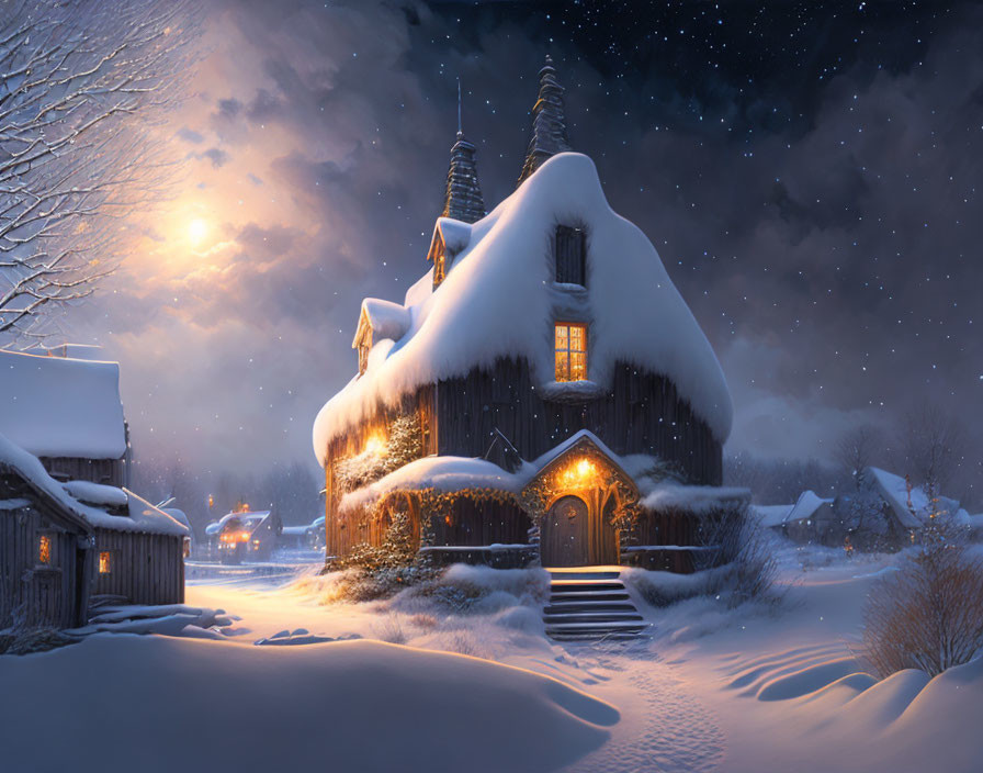 Snow-covered house with warm lights under starry night sky