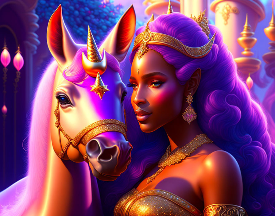 Purple-skinned woman and unicorn in magical setting with golden jewelry