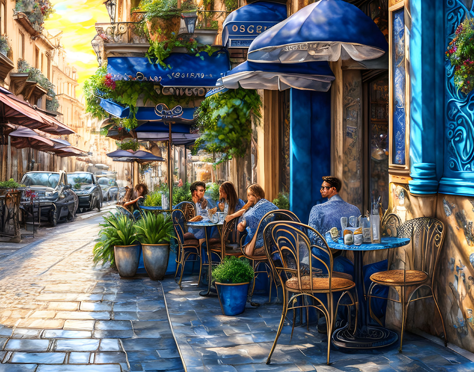 Busy sidewalk cafes and vibrant floral decorations in charming street scene