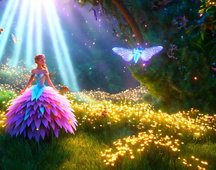 Colorful Dress Fairy in Enchanted Glowing Forest with Luminous Butterfly