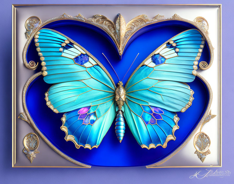 Blue Jewel-Encrusted Butterfly on Heart-Shaped Velvet Background