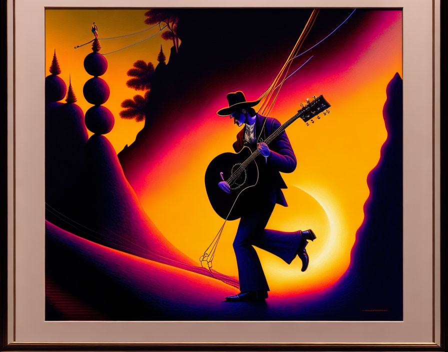 Colorful Guitarist Silhouette in Surreal Sand Dunes Artwork