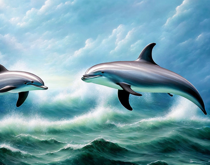 Dolphins leaping over ocean waves under cloudy sky