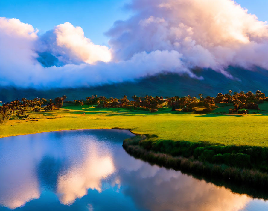 Scenic sunset lake landscape near green golf course