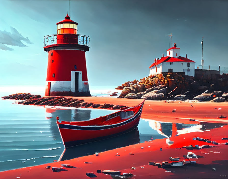 Red lighthouse painting with boat on rocky shore