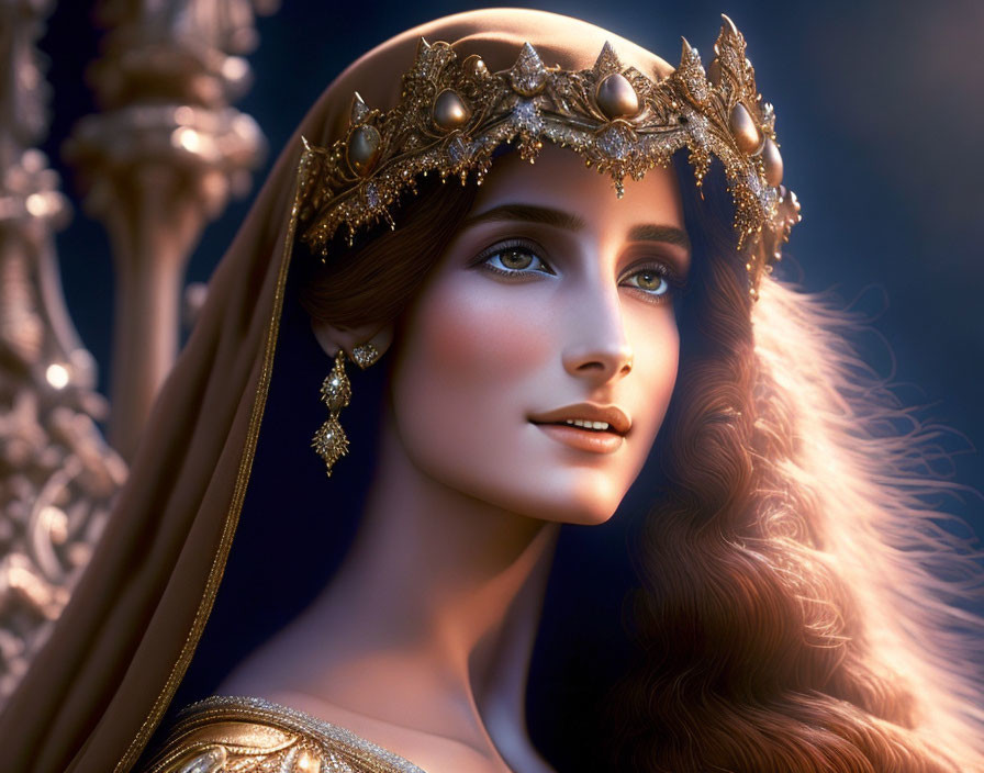 3D rendering of woman with long wavy hair and golden crown on dark backdrop