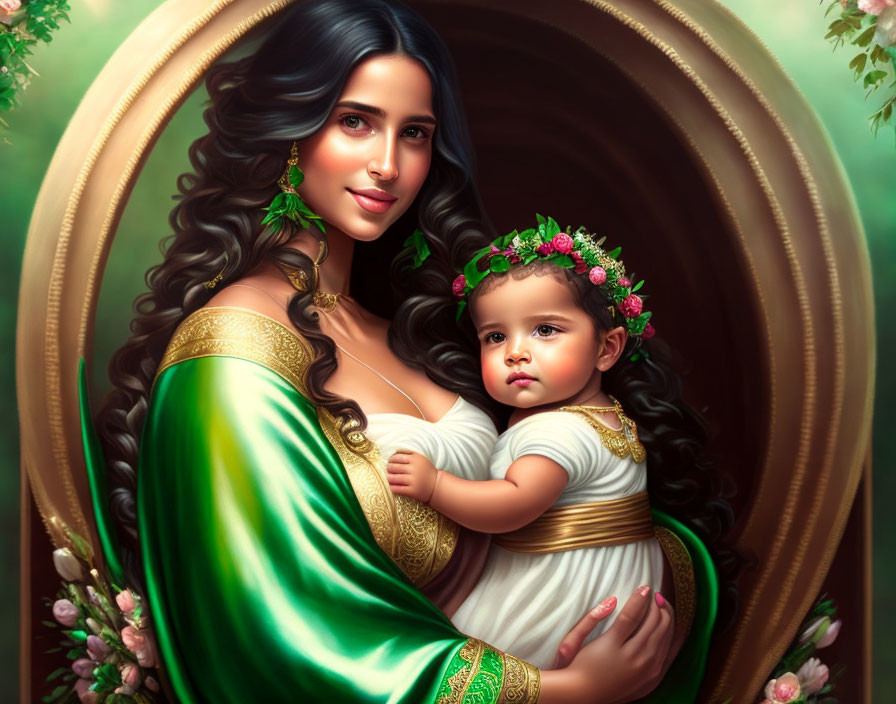 Woman in green and gold dress cradles baby in flower crown against floral arch.