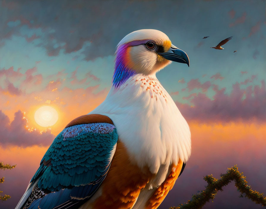 Colorful Bird with White Body, Iridescent Neck, and Blue Wings against Sunset Sky