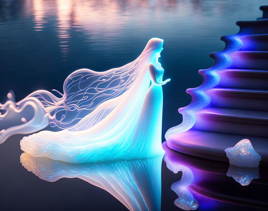 Ethereal blue glowing figure on dark water near staircase