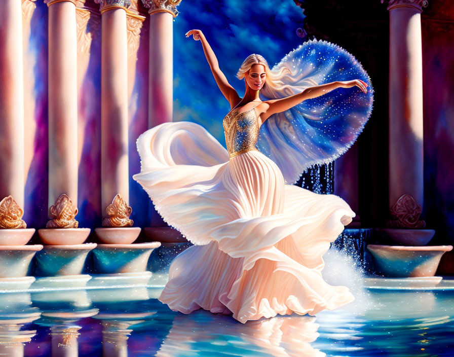 Elegant woman in peach dress dances by classical pillars captured in ethereal water dance