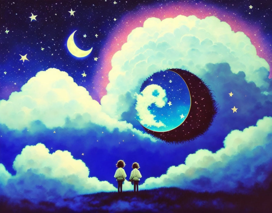 Children admiring crescent moon and stars on hill under surreal night sky