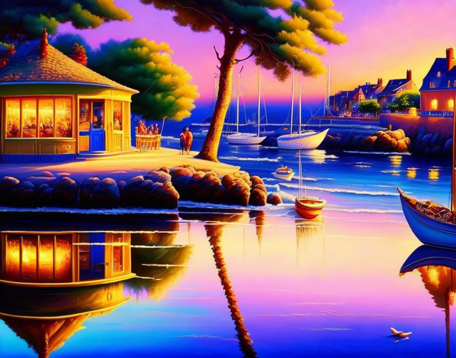 Colorful waterfront twilight scene with gazebo, boats, and reflective sea.