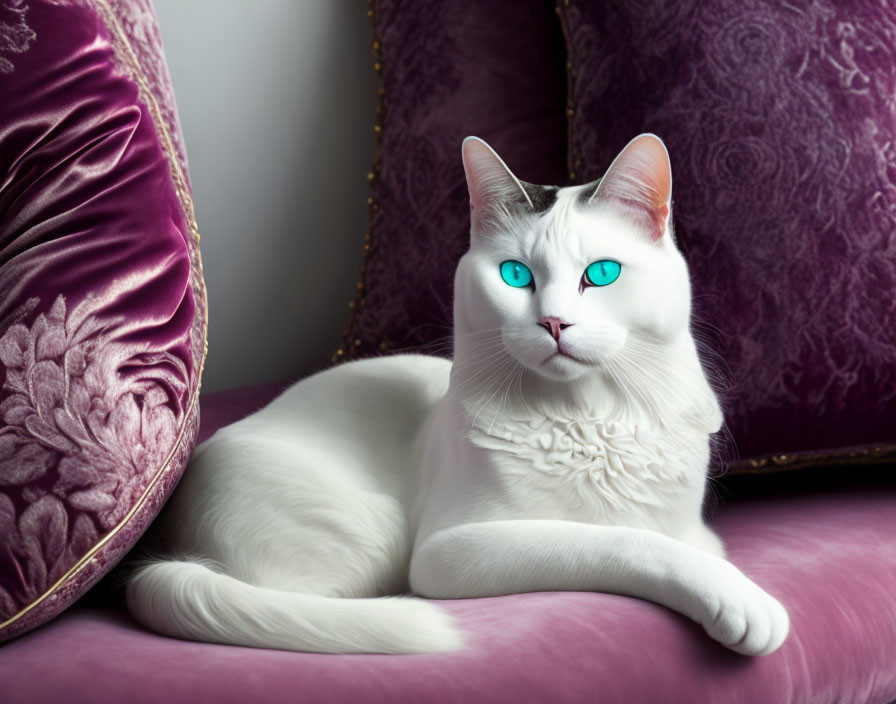 White Cat with Blue Eyes Relaxing on Purple Velvet Couch