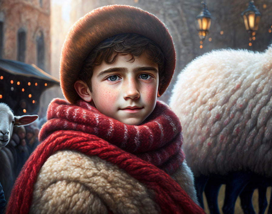 Digital artwork: Young boy with curly hair in scarf near sheep on busy market street