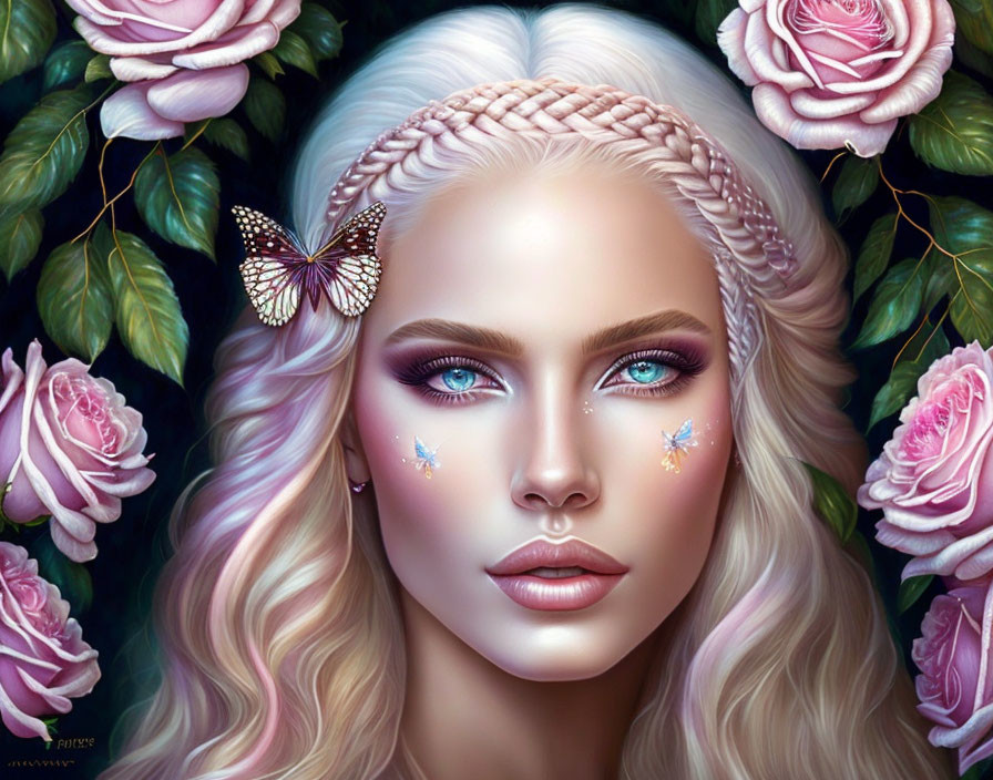 Illustrated portrait of woman with blue eyes, blonde hair, pink roses, and butterfly.