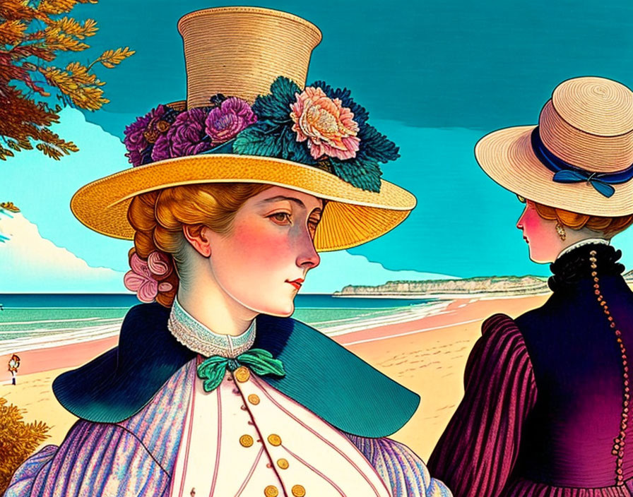 Victorian-era women in elaborate hats converse by beach cliffs