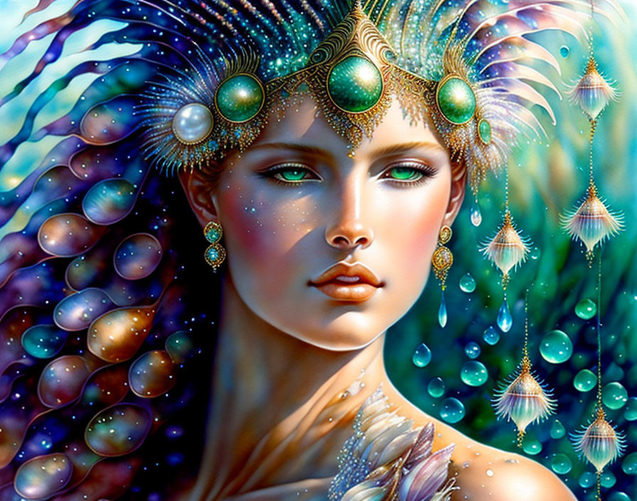 Portrait of woman with emerald jewels and peacock feathers in fantastical setting