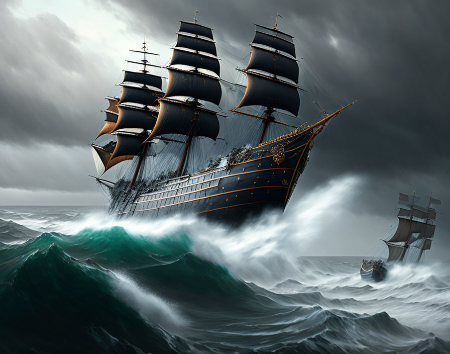 Two majestic sailing ships on turbulent seas under stormy skies