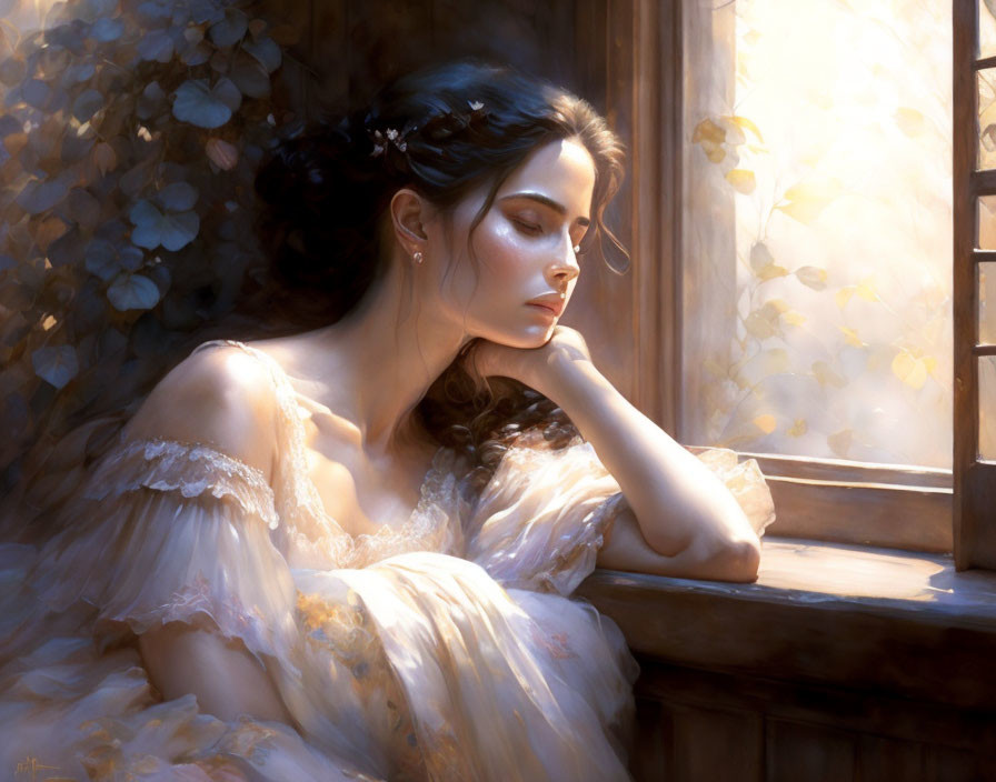 Woman in off-shoulder gown gazes out sunlit window with vines framing scene