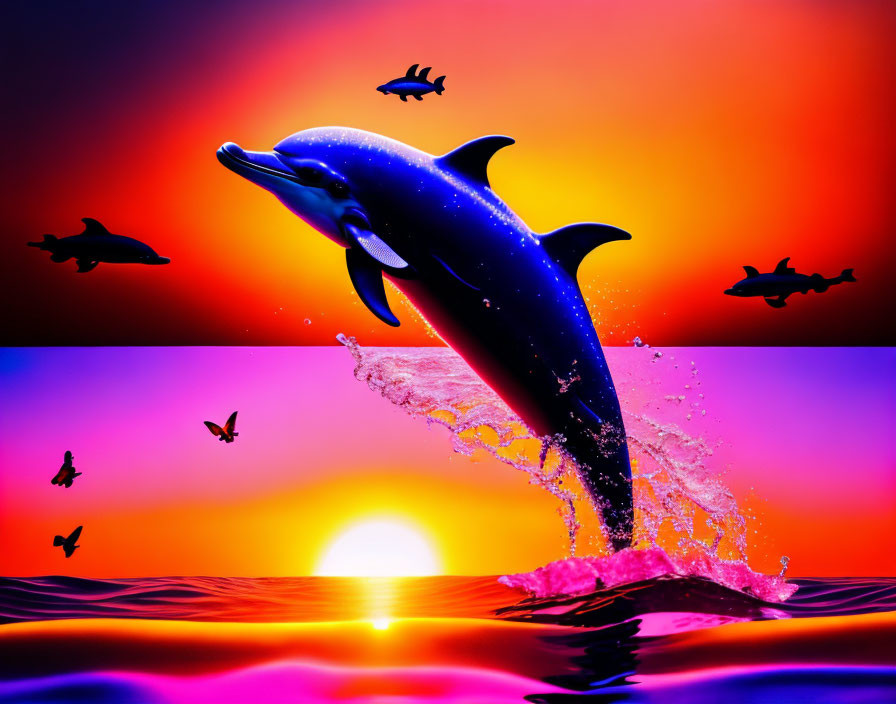 Dolphin leaping in sunset with mirrored water surface