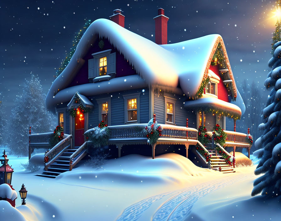 Snow-covered house with Christmas decorations and warm lights under starry sky