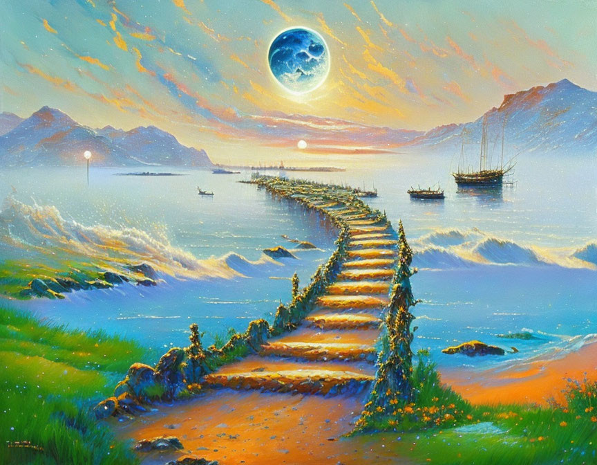 Moonlit seascape painting with stone path, ship, luminescent waves, and sunset sky