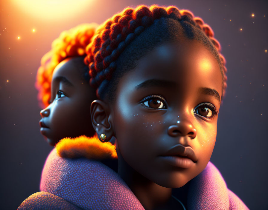 Vibrant digital artwork: young girls with glowing skin and orange hair