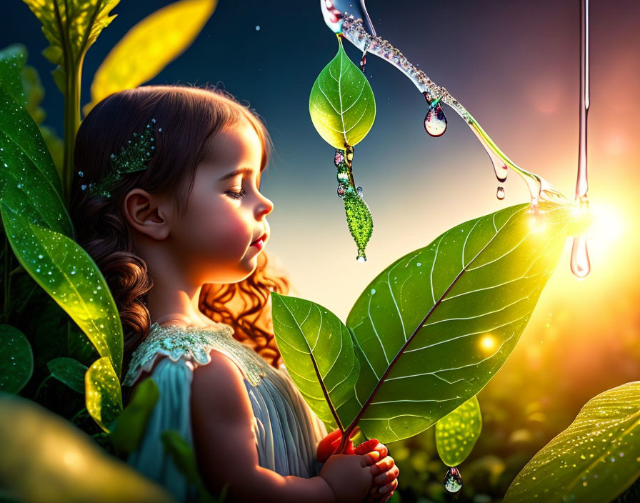 Young girl admires dewdrop on leaf in sunlit garden