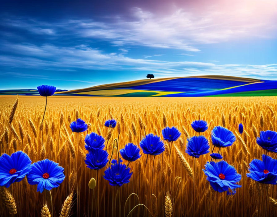 Blue Flowers in Golden Wheat Field with Blue Hills