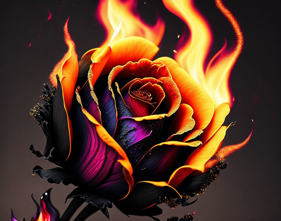 Vivid digital artwork of purple to orange rose engulfed in stylized flames