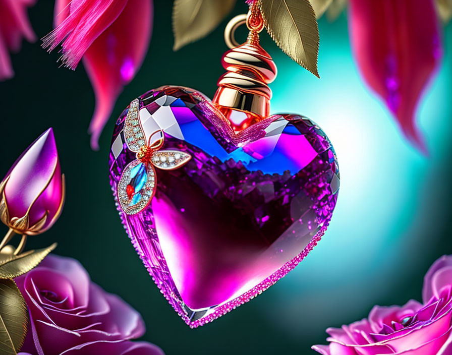 Heart-shaped pendant with jewels, feathers, and roses on teal background