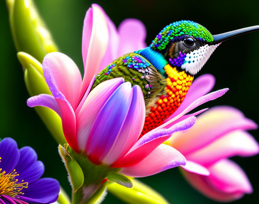 Colorful hummingbird on pink bloom with iridescent feathers