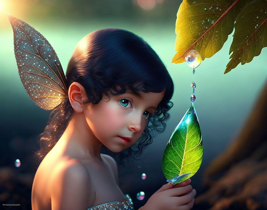 Young girl with fairy wings in mystical forest setting.