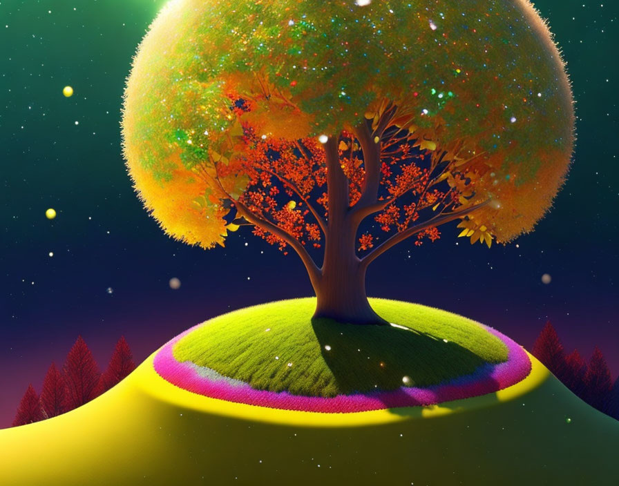 Colorful digital artwork of whimsical tree on hill under starry sky