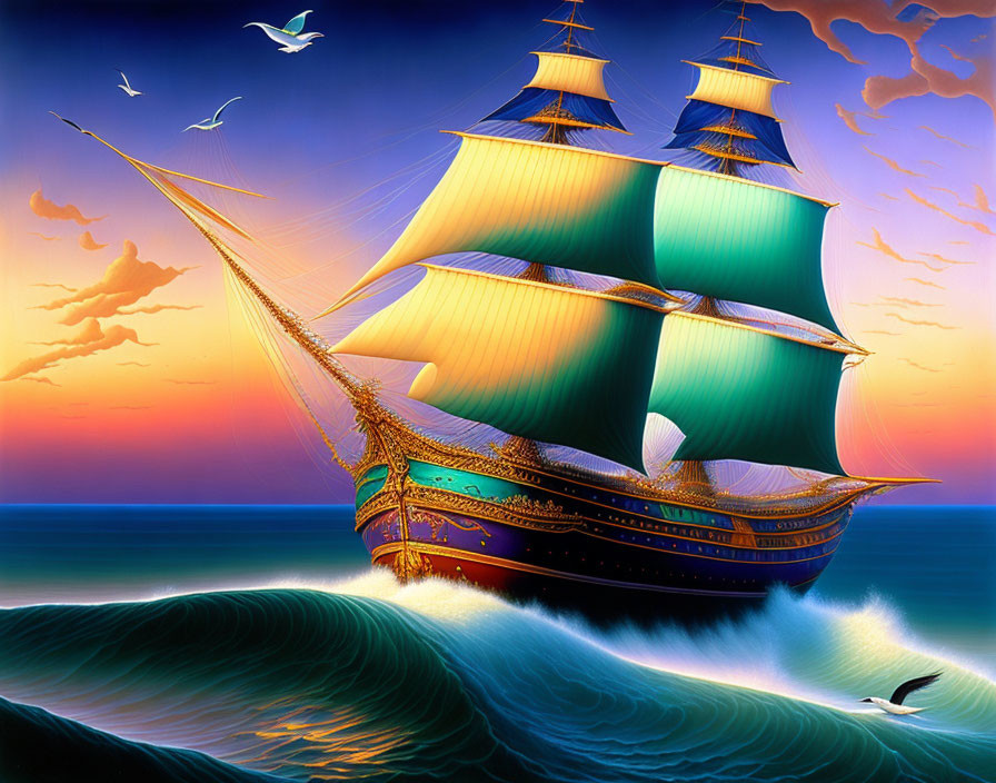 Colorful tall ship with green sails sailing on ocean waves at sunset with birds and wispy clouds