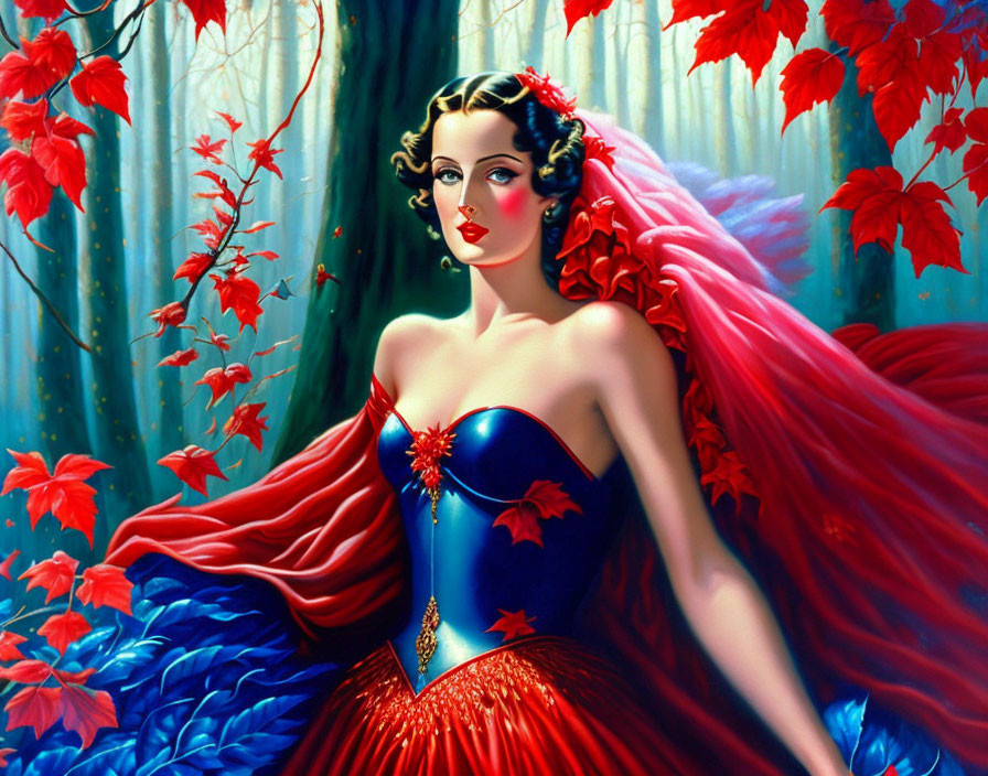 Stylized illustration of woman in red dress in vibrant forest