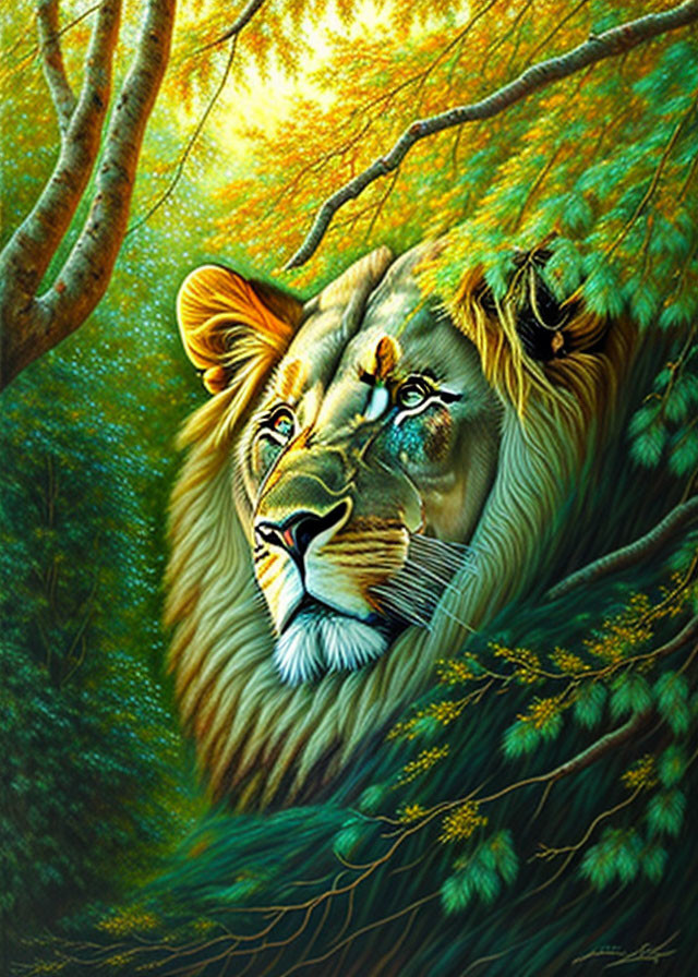 Colorful Painting of Lion in Green Foliage with Sunlight Filtering